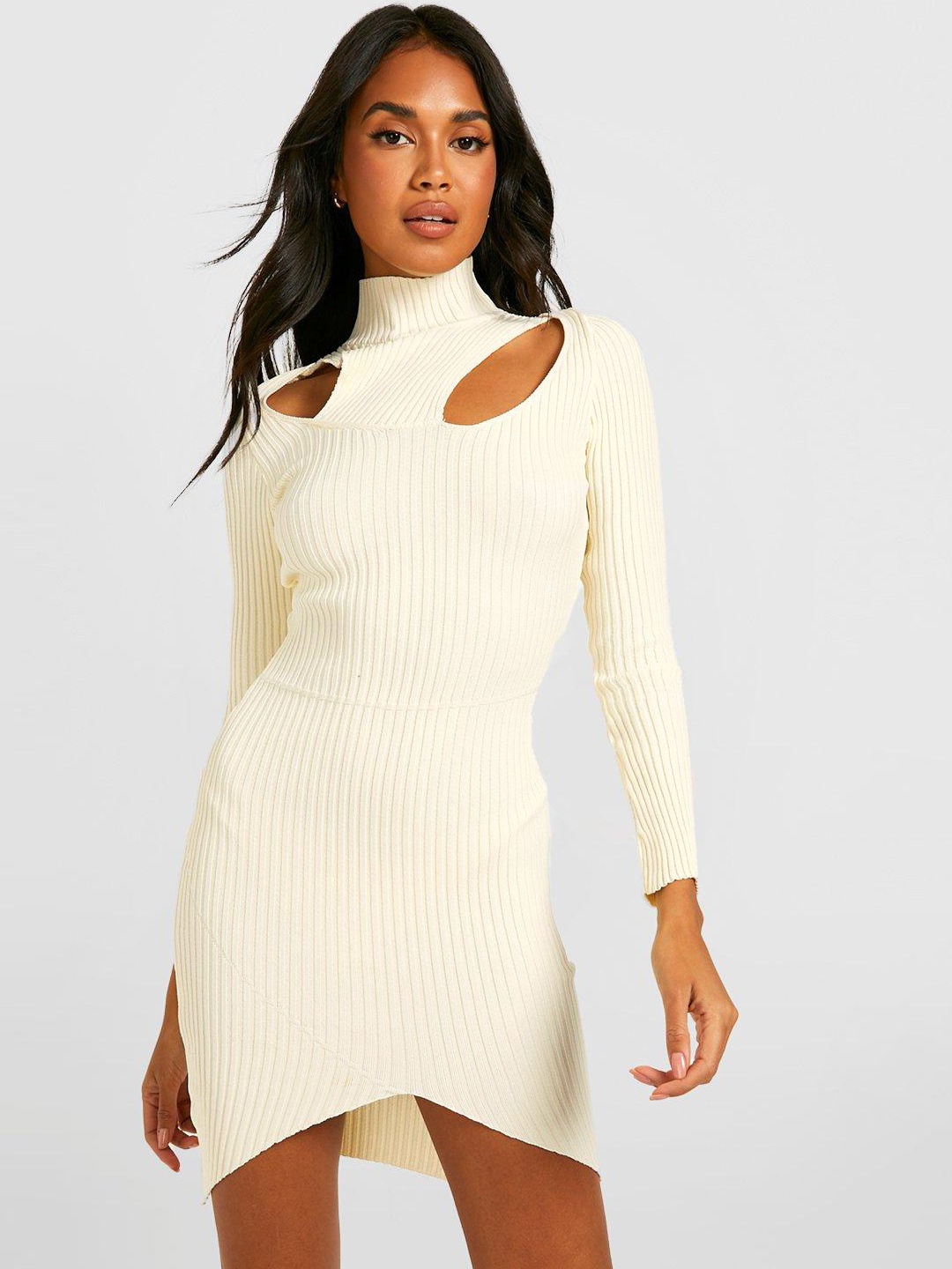 

Boohoo Ribbed Bodycon Mini Dress, Cream