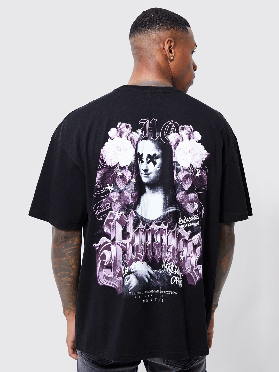 

boohooMAN Printed Drop-Shoulder Sleeves Pure Cotton Oversized T-shirt, Black