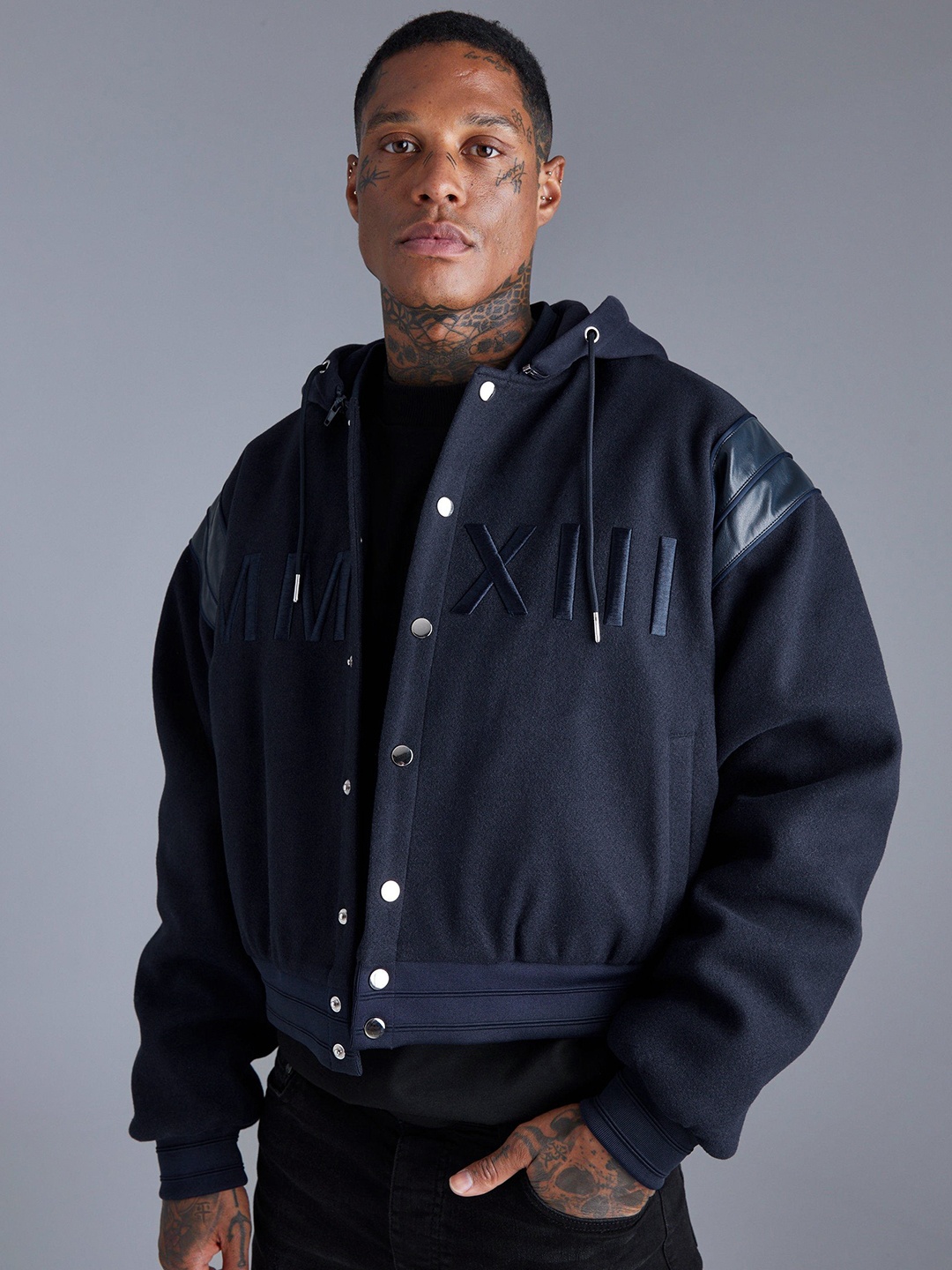

boohooMAN Mmxii Varsity Hooded Bomber Jacket, Navy blue