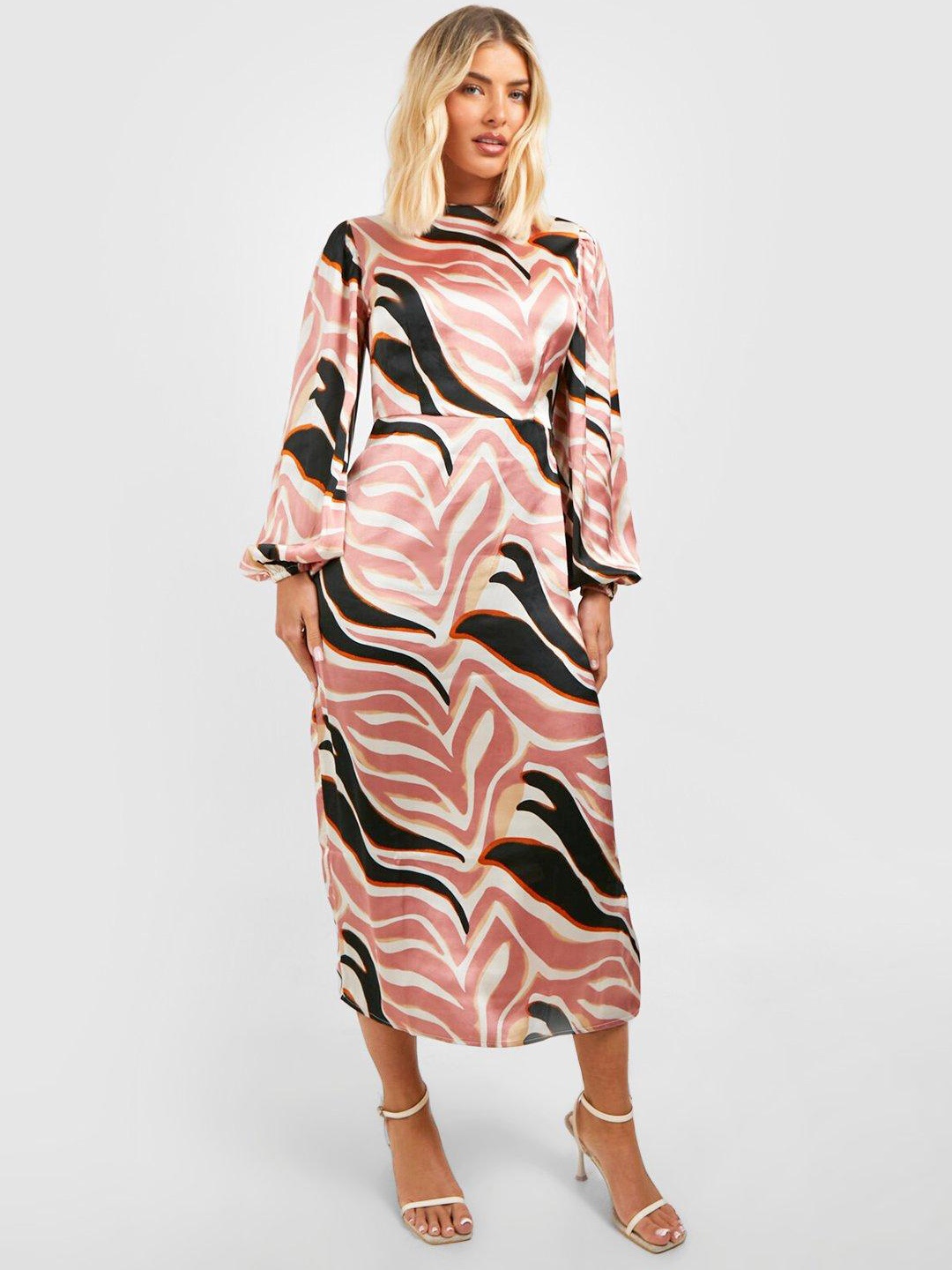 

Boohoo Printed Puff Sleeve Satin Finish A-Line Midi Dress, Peach