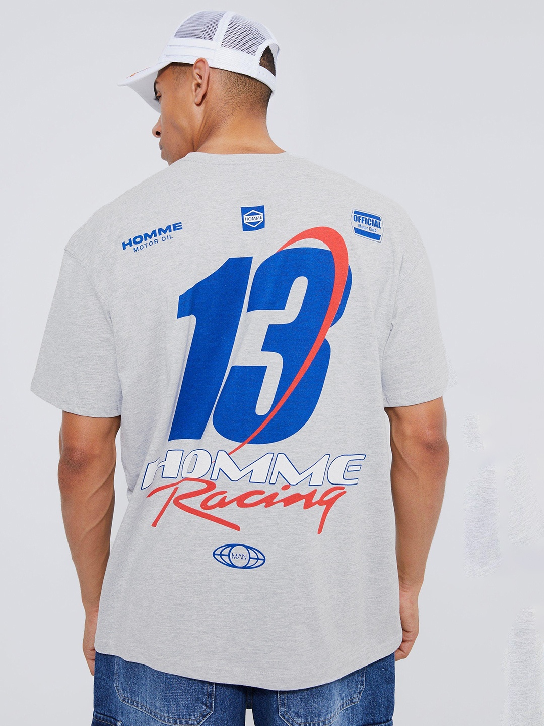 

boohooMAN Racing Flag Printed Drop-Shoulder Sleeves Pure Cotton Oversized T-shirt, Grey melange
