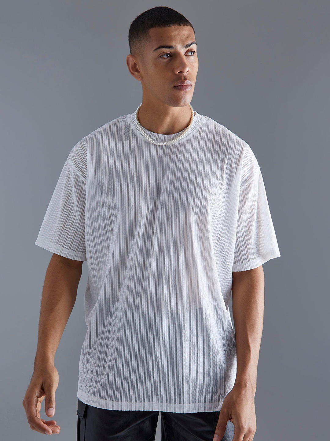 

boohooMAN Self Striped Sheer Drop-Shoulder Sleeves Oversized T-shirt, White