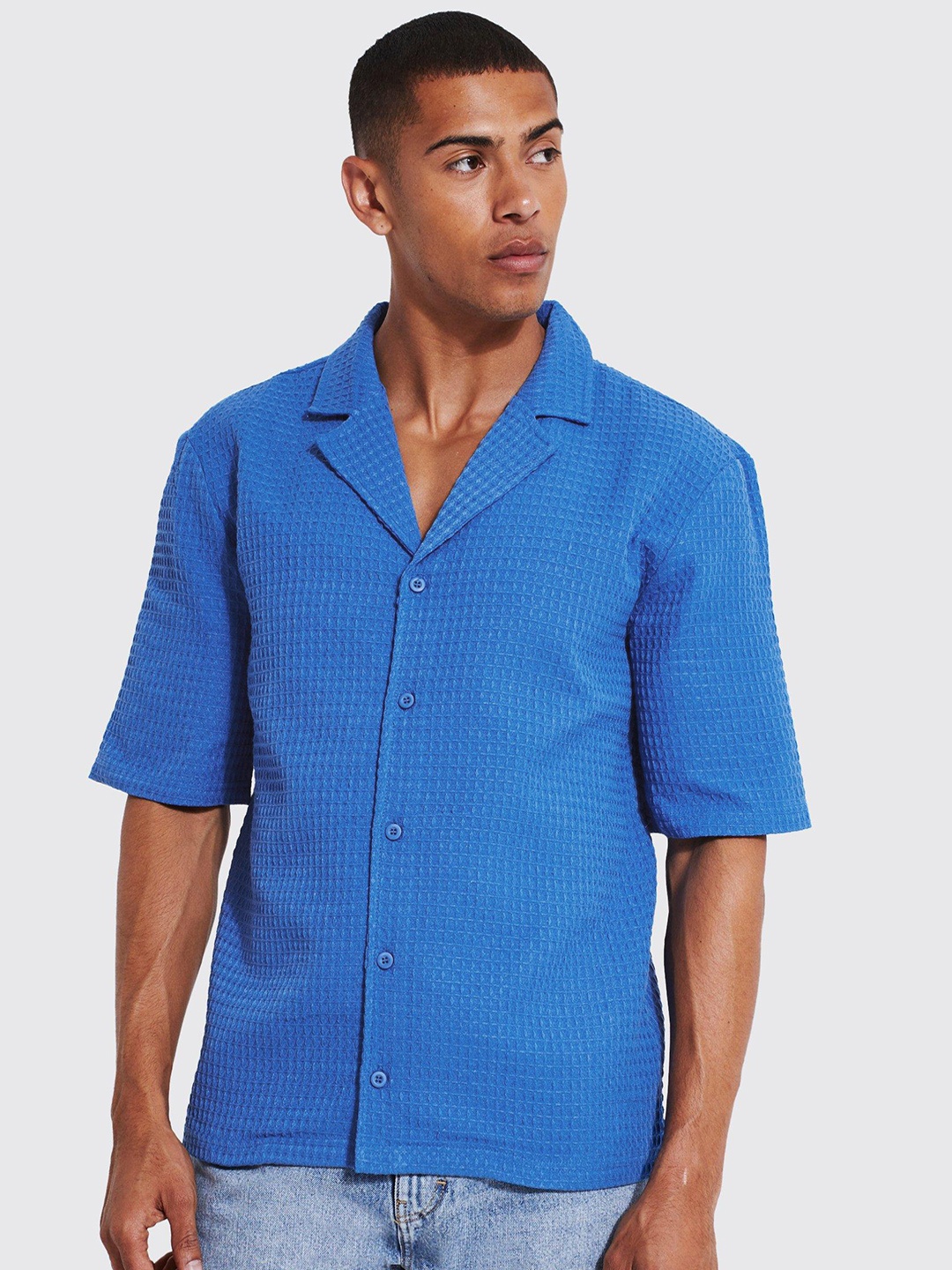 

boohooMAN Pure Cotton Revere Waffle Shirt, Blue
