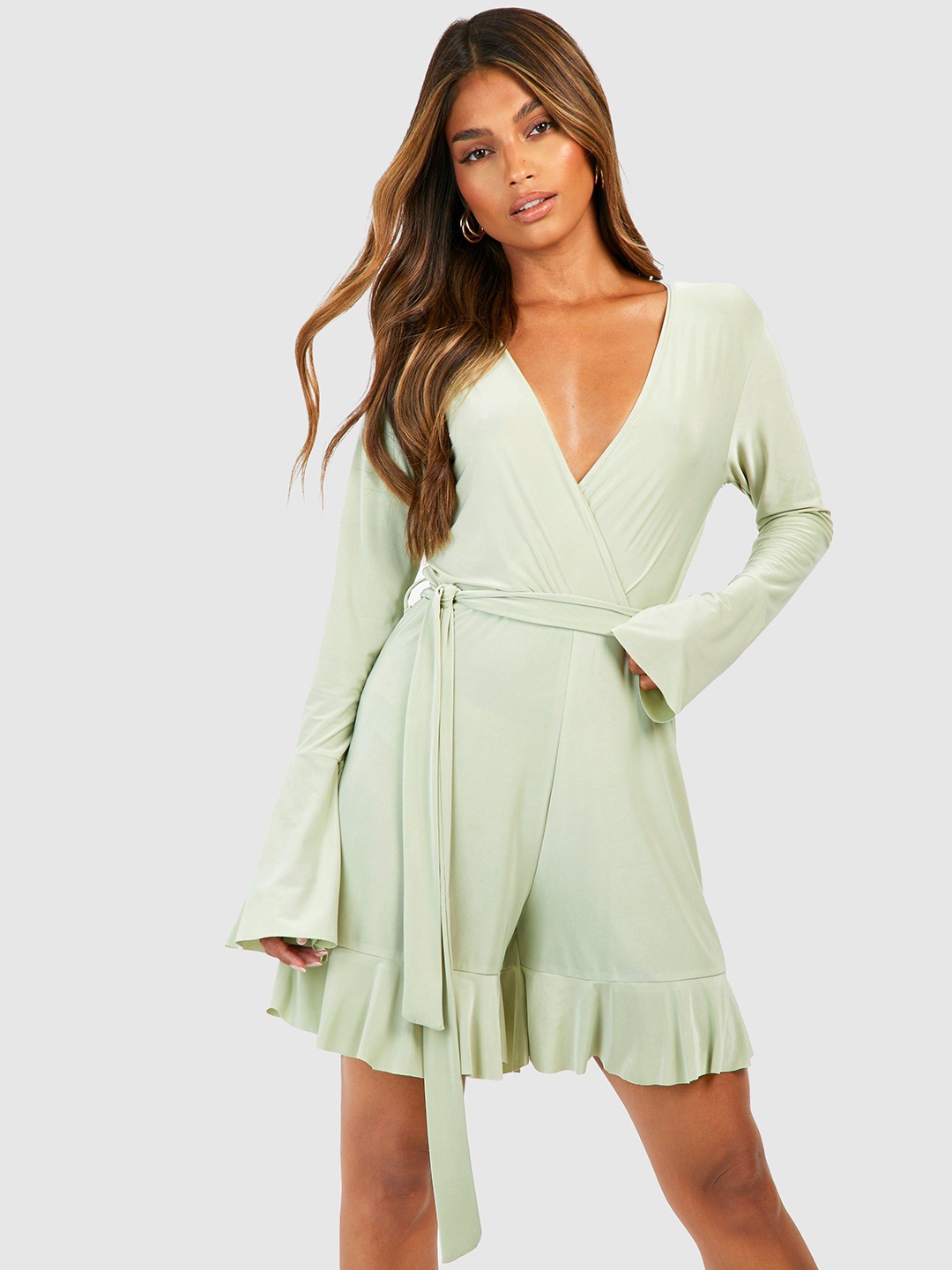

Boohoo Wrap-Style Ruffled Hem Playsuit, Green