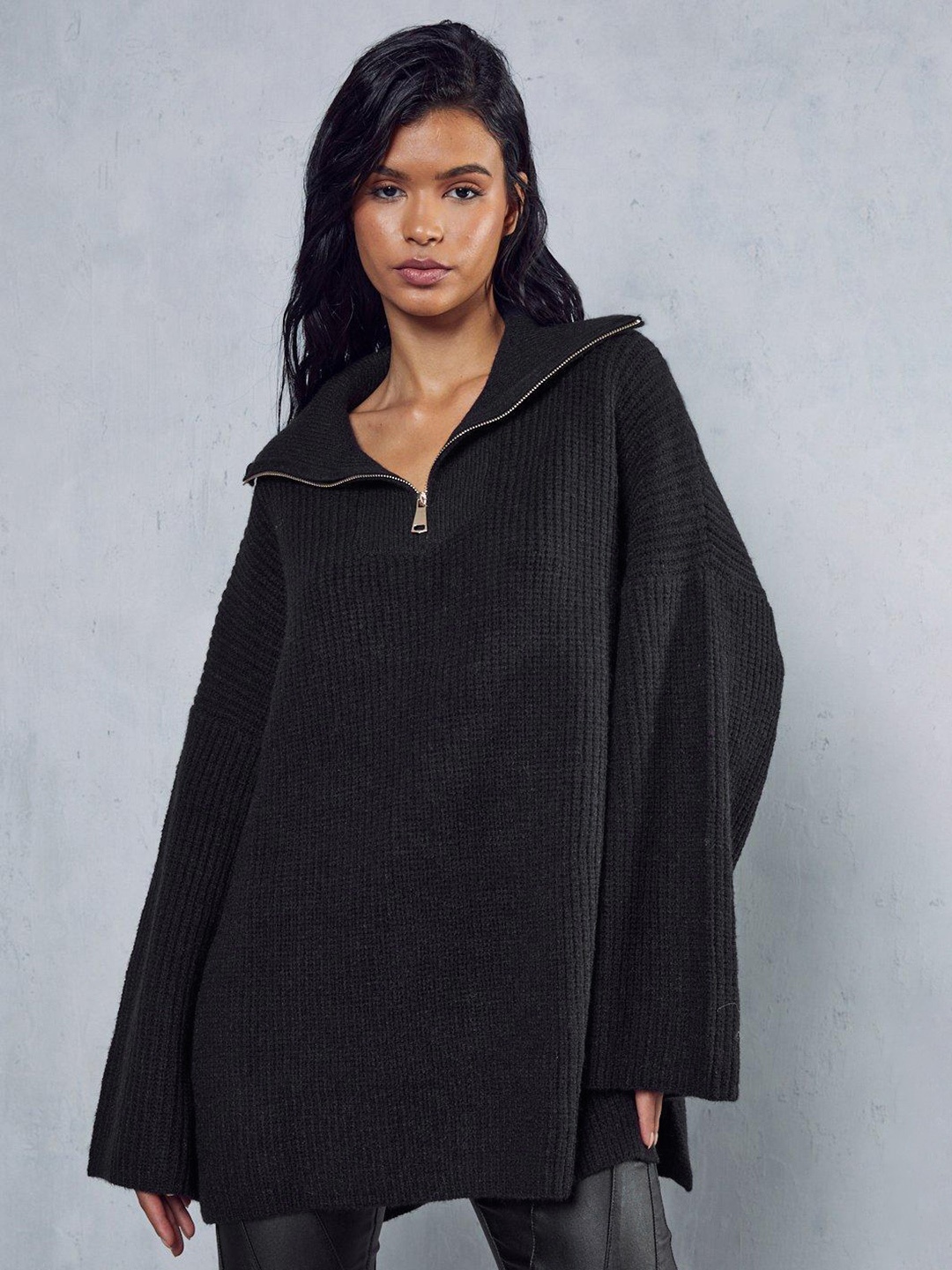 

MISSPAP High Neck Oversized Woollen Pullover, Black
