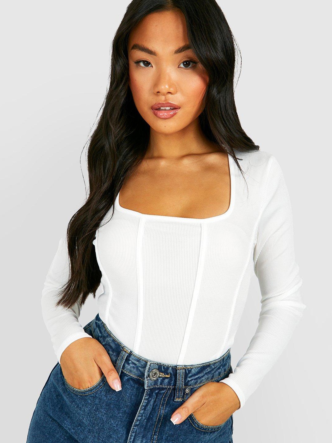 

Boohoo Ribbed Corset Style Bodysuit, White