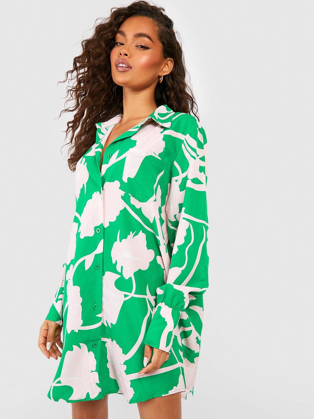 

Boohoo Floral Print Shirt Mini Dress, Green
