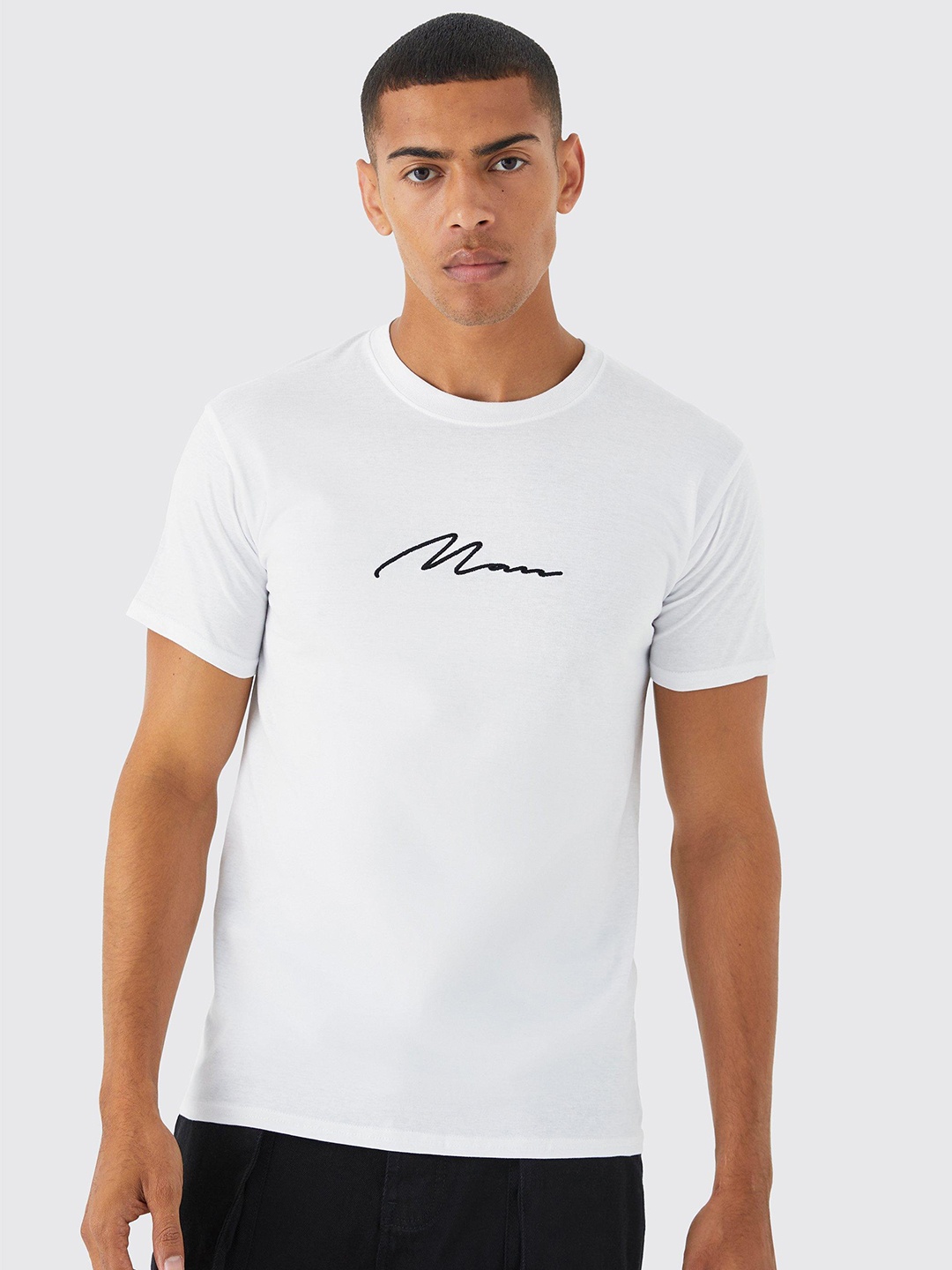 

boohooMAN Signature Embroidered Pure Cotton T-shirt, White