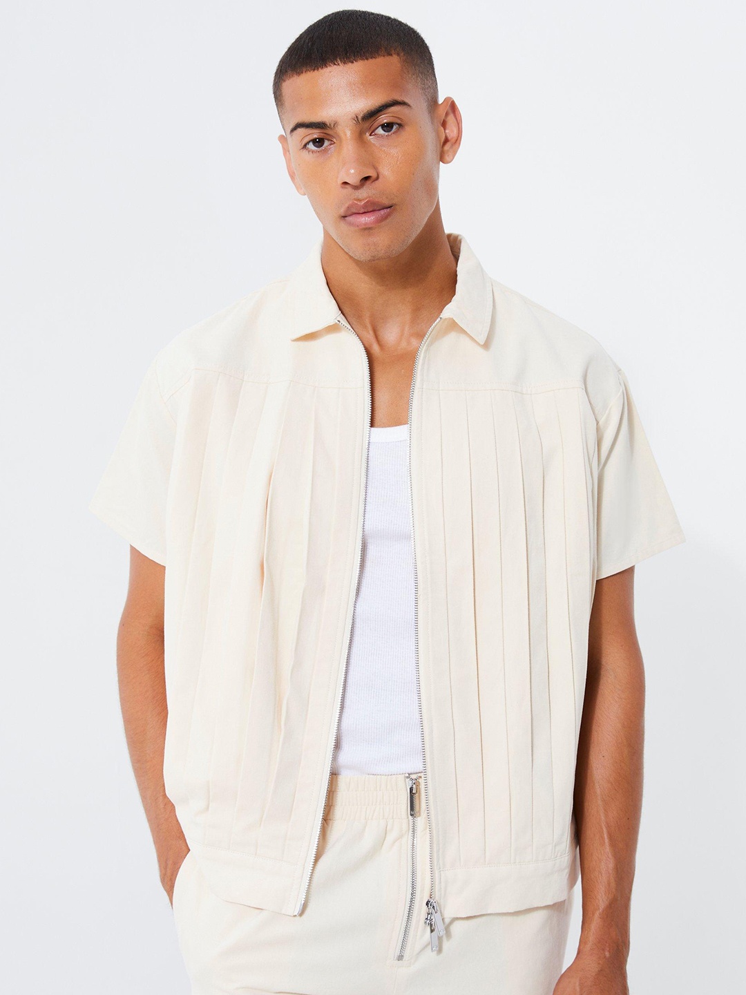 

boohooMAN Box Pleats Opaque Cotton Shirt, Cream