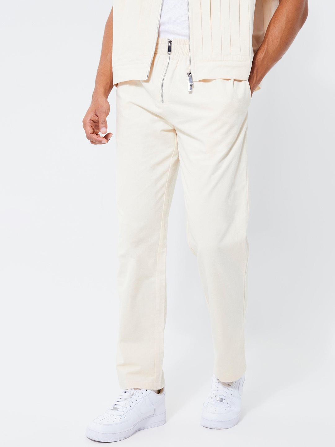 

boohooMAN Pure Cotton Straight Fit High-Rise Trousers, Cream