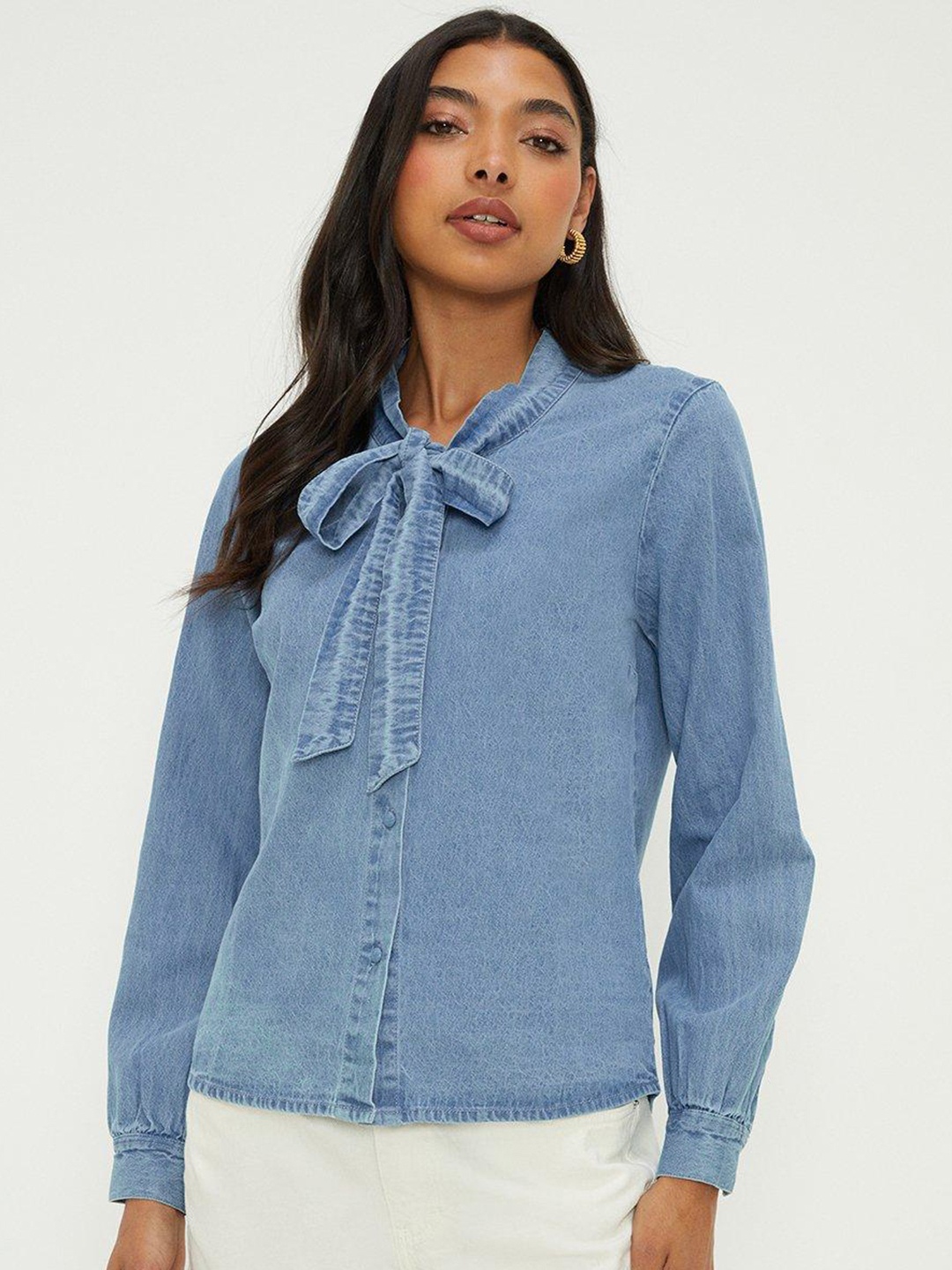 

DOROTHY PERKINS Tie-Up Neck Cotton Chambray Shirt Style Top, Blue