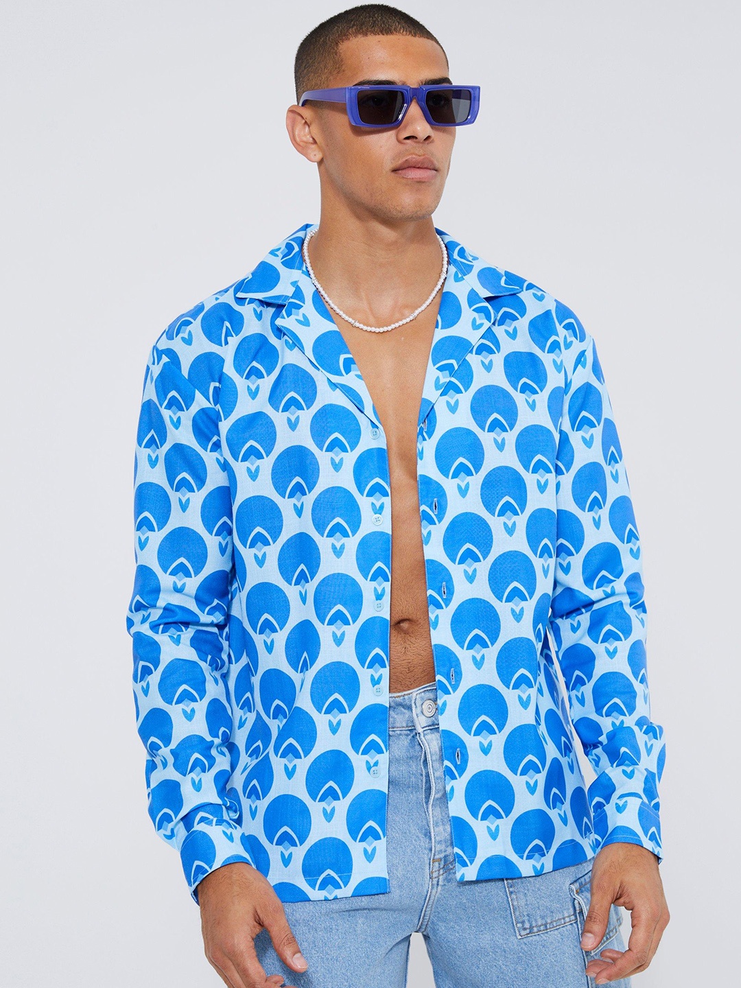 

boohooMAN Geometric Printed Casual Shirt, Blue