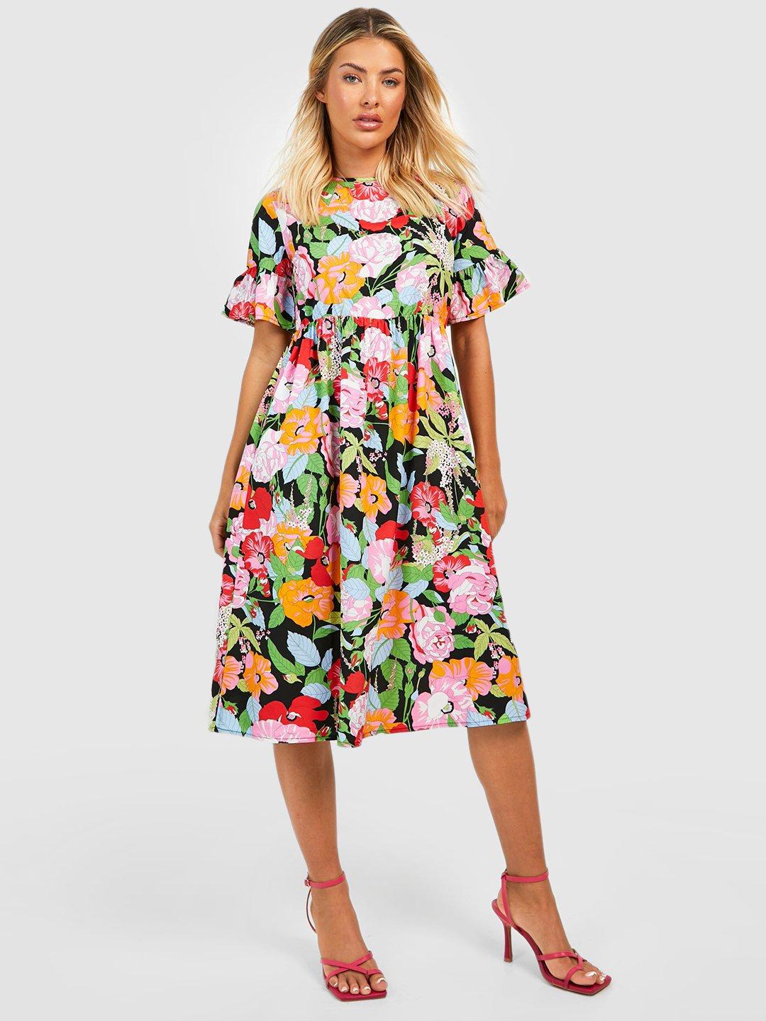 

Boohoo Floral Print A-Line Midi Dress, Black