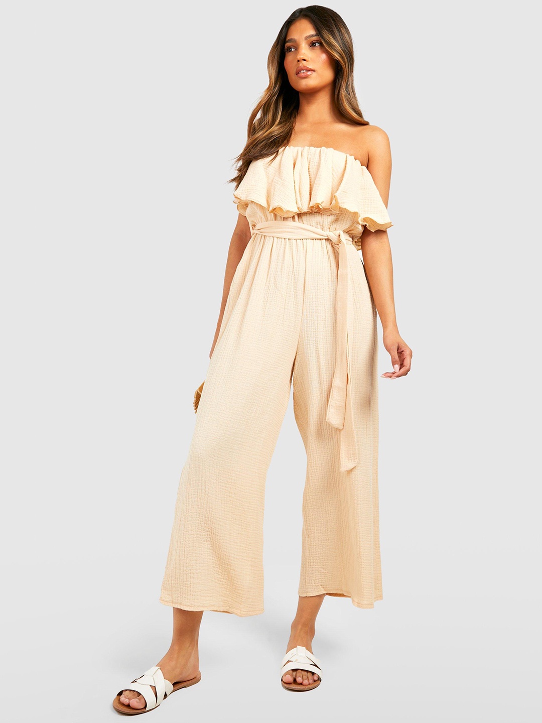 

Boohoo Pure Cotton Bardot Jumpsuit, Cream