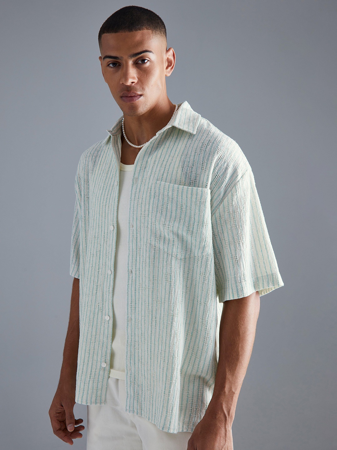 

boohooMAN Semi Sheer Striped Casual Shirt, Off white