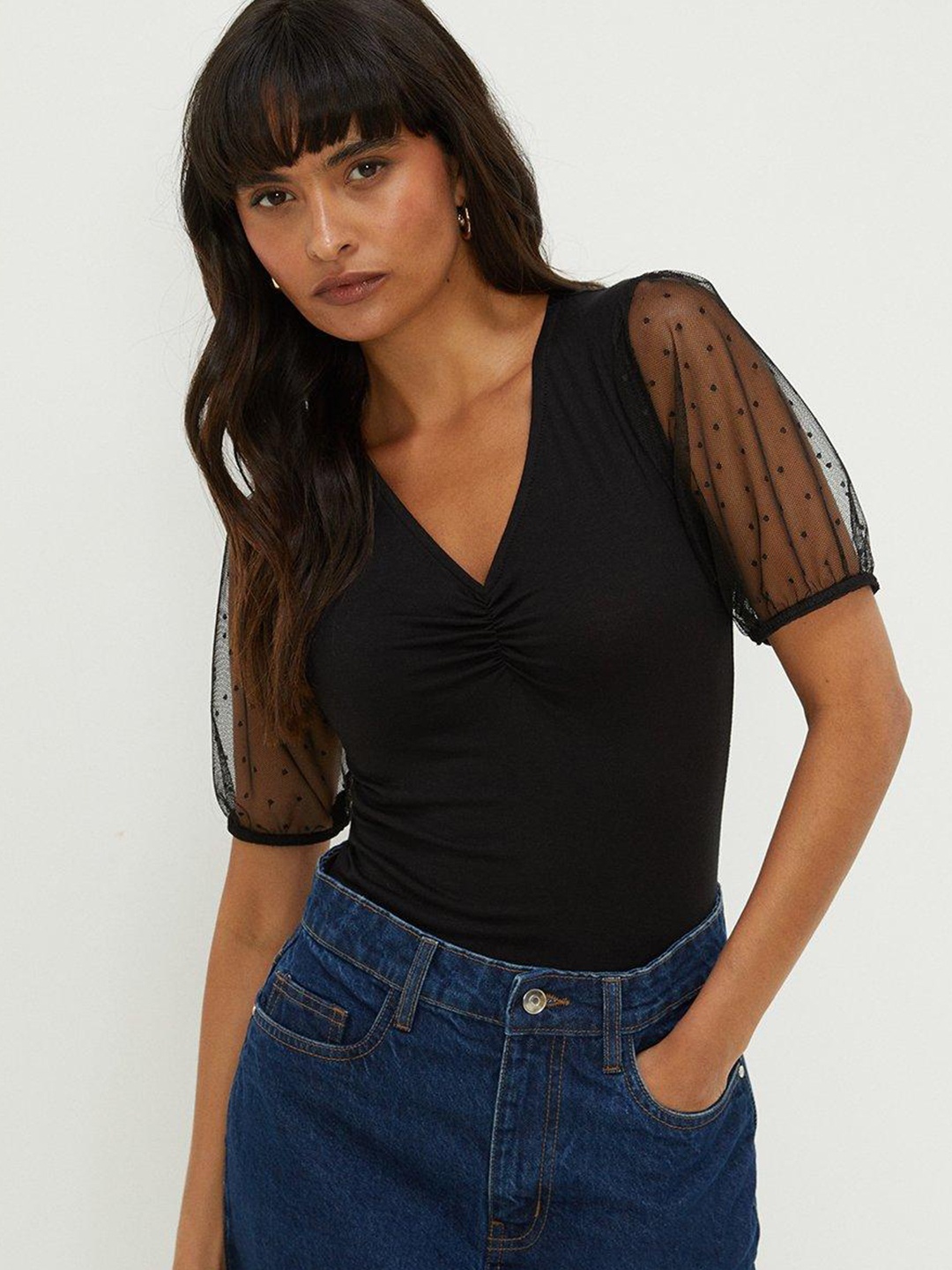 

DOROTHY PERKINS Sheer Puff Sleeve Top, Black