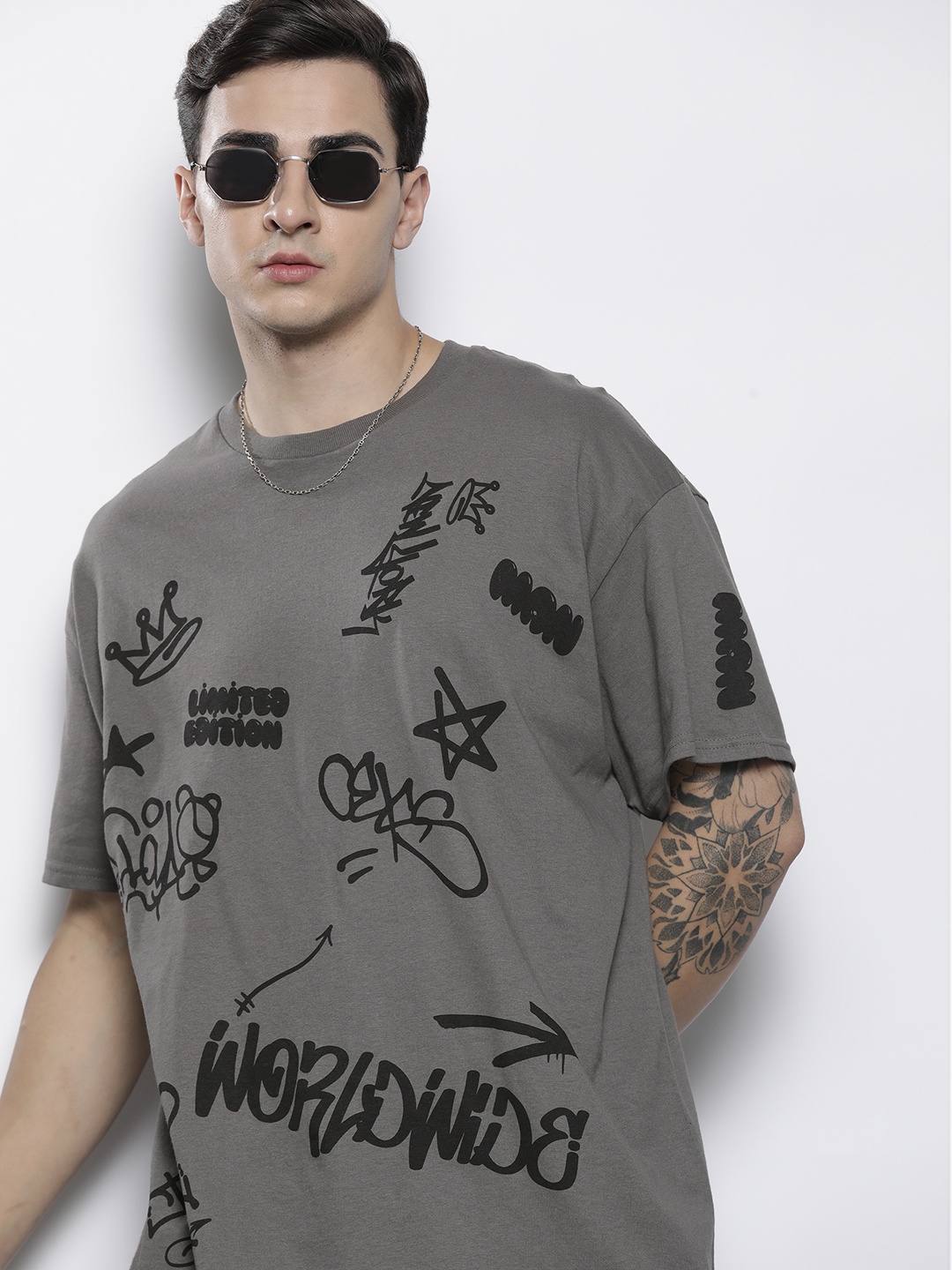 boohooMAN Printed Pure Cotton Oversized T-shirt, Grey