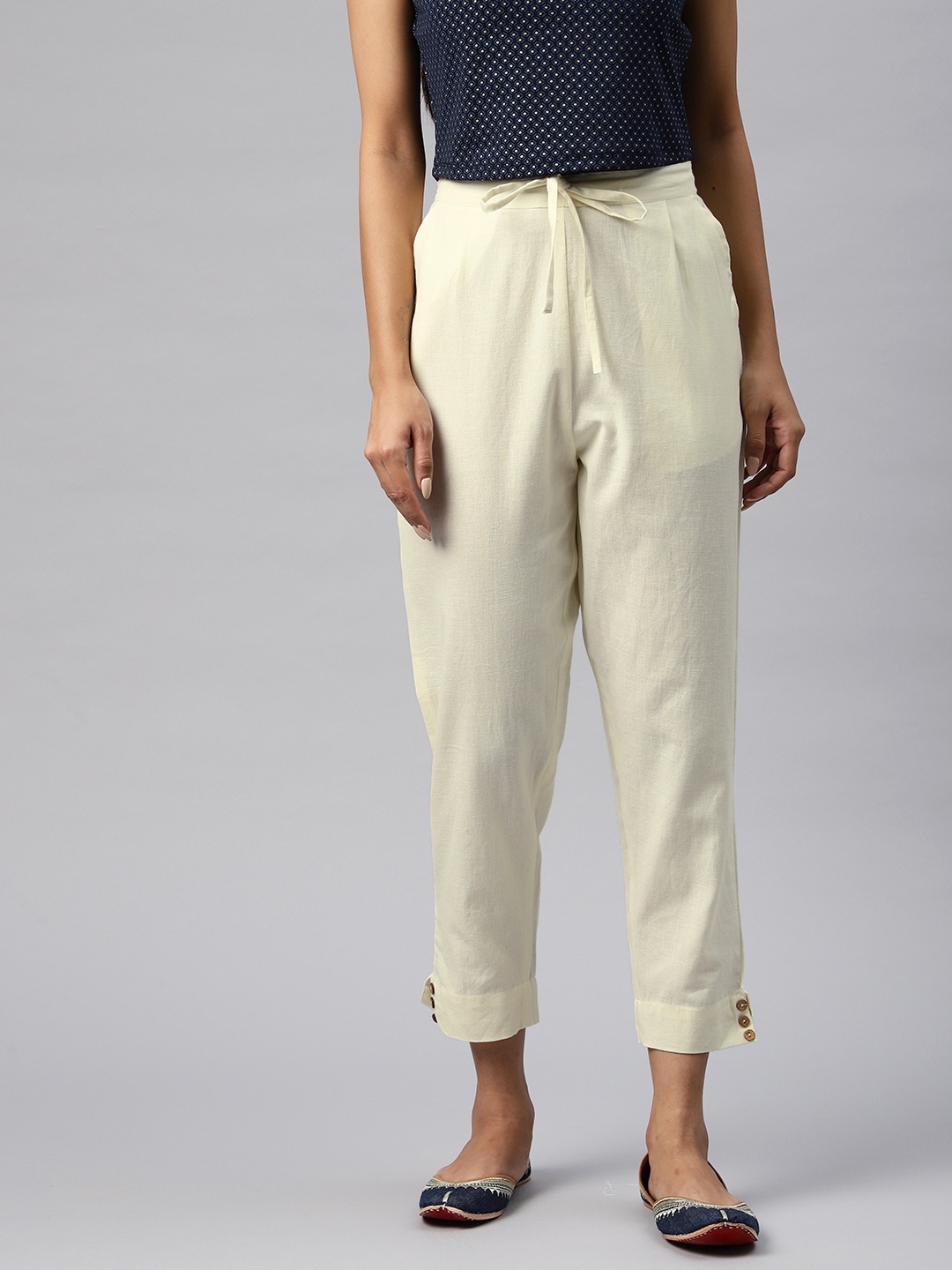 Readiprint Tapered Fit High-Rise Pleated Ethnic Trousers, Cream