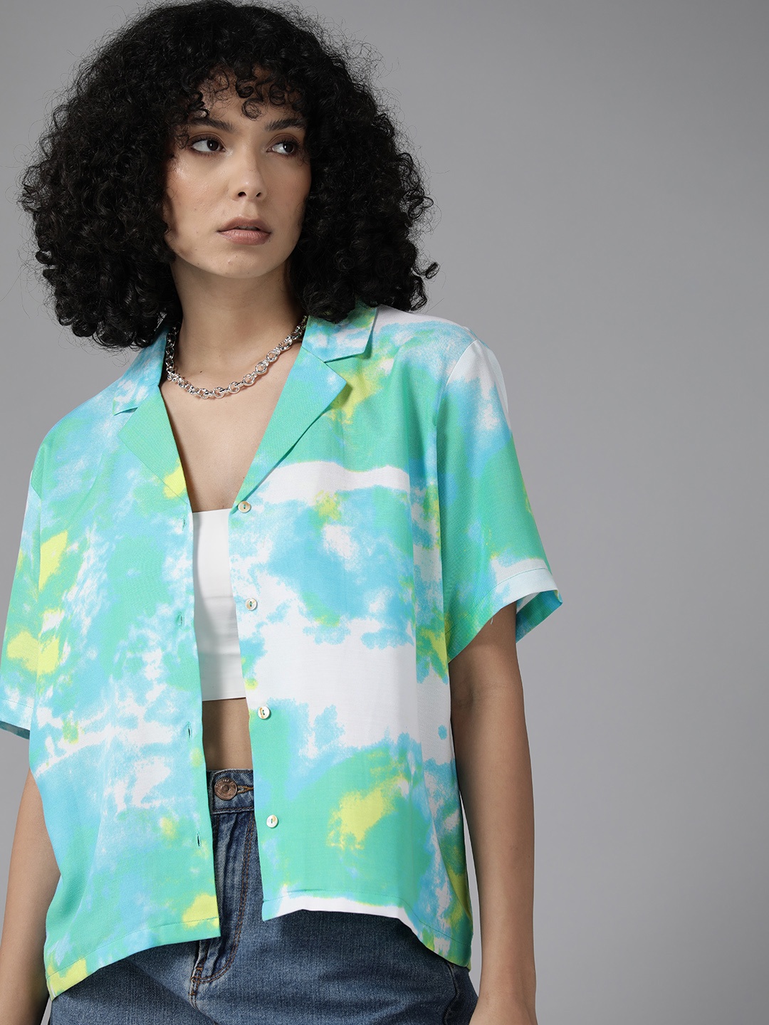 

Roadster Tie& Dye Printed Cuban Collar Boxy Opaque Casual Shirt, Turquoise blue