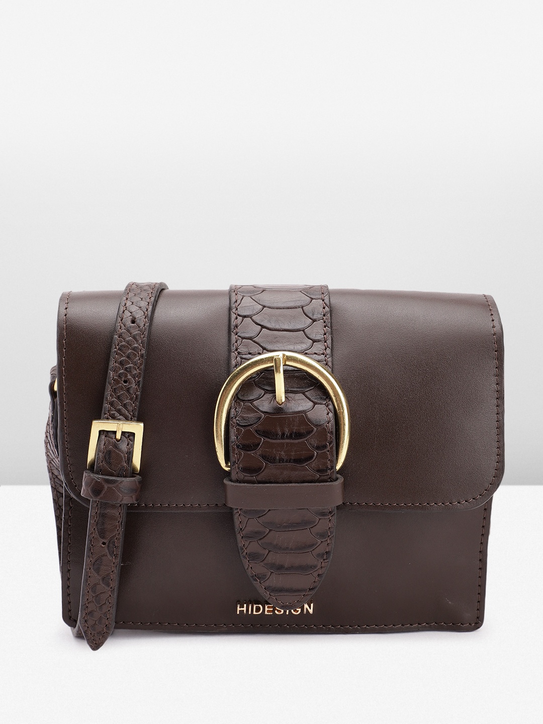 

Hidesign Leather Structured Sling Bag with Croc Textured & Buckle Detail, Coffee brown