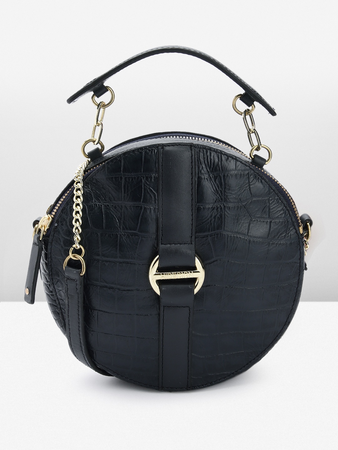 

Hidesign Croc-Textured Leather Circular Sling Bag, Navy blue