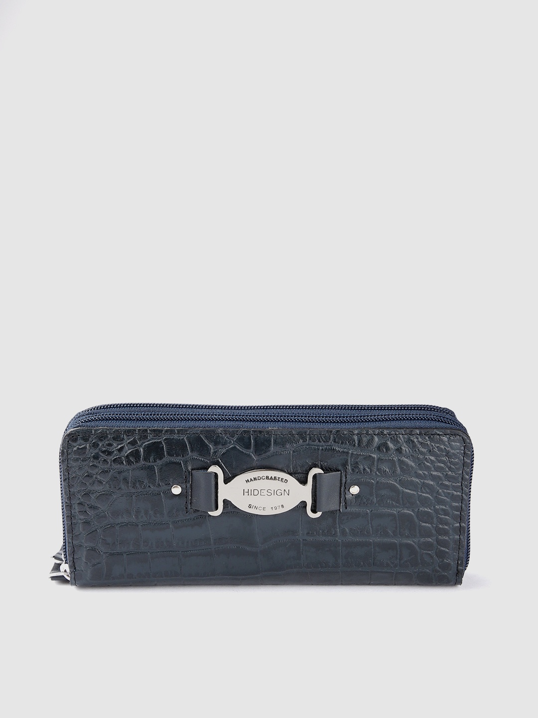 

Hidesign Women Croc Textured Leather Zip Around Wallet, Navy blue