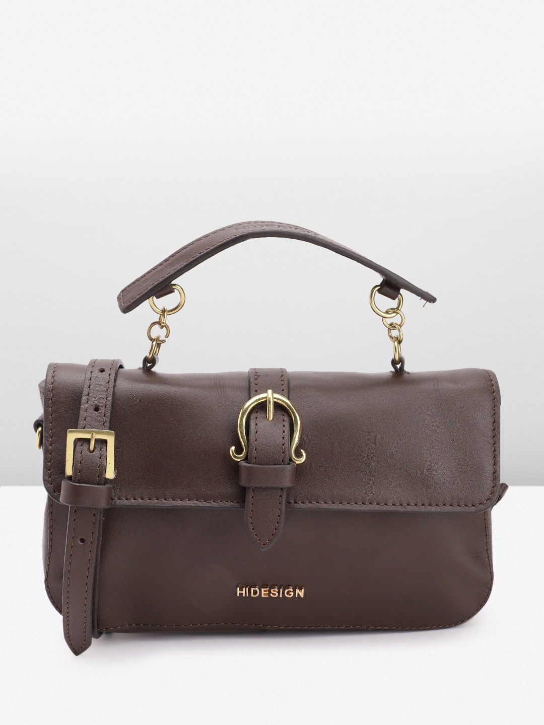 

Hidesign Leather Structured Satchel Bag with Buckle Detail, Coffee brown