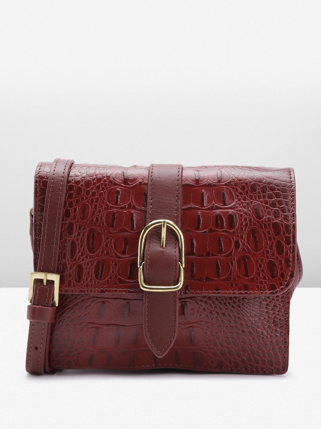 

Hidesign Croc Textured Leather Structured Sling Bag with Buckle Detail, Maroon