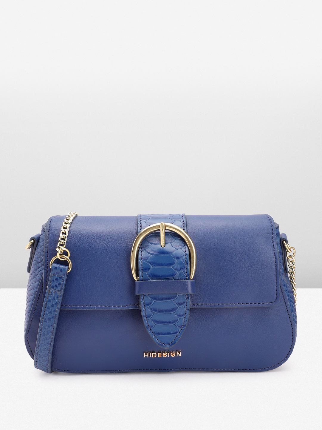 

Hidesign Leather Structured Sling Bag with Croc Textured & Buckle Detail, Blue