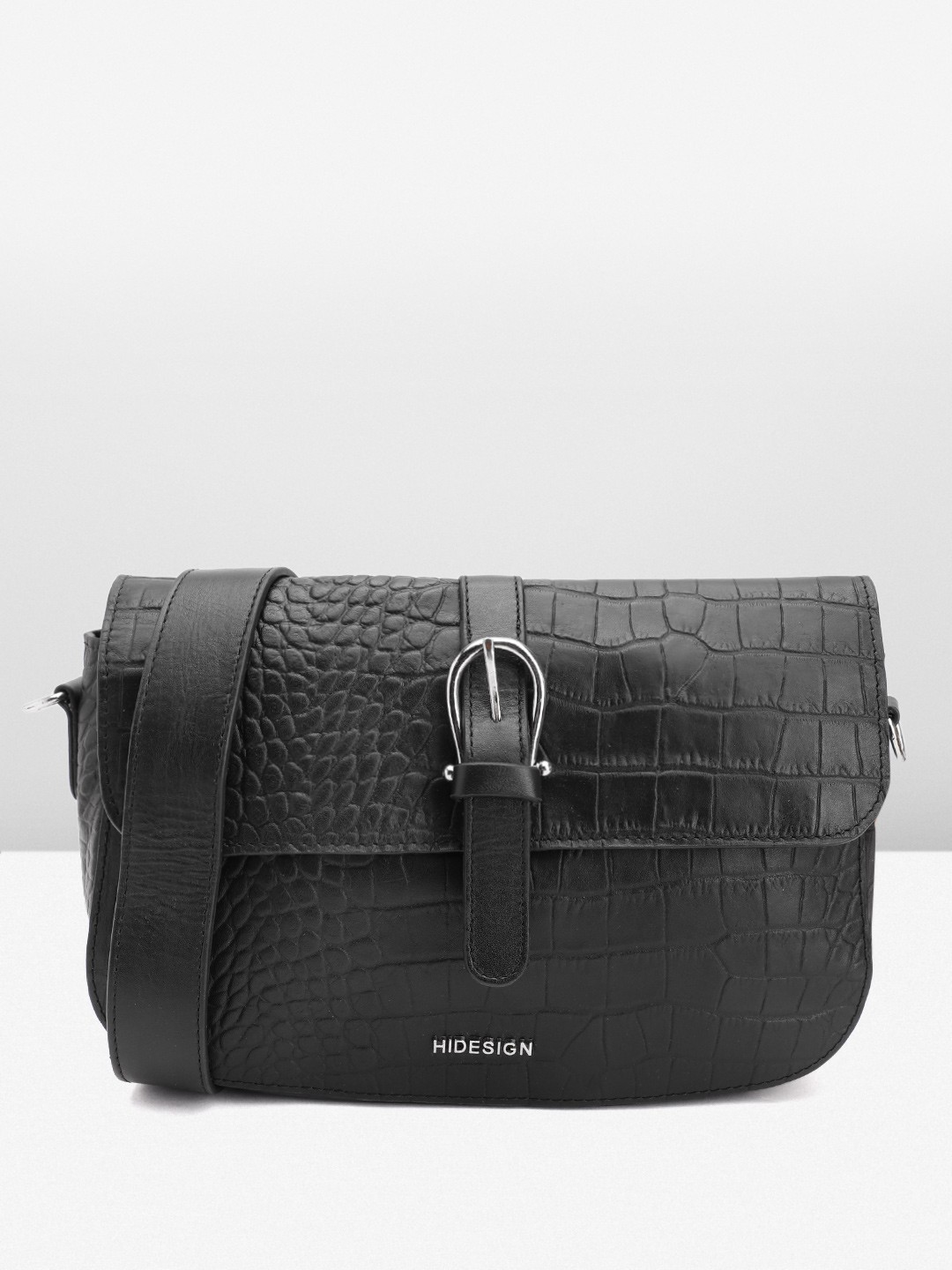 

Hidesign Croc Textured Leather Structured Sling Bag, Black