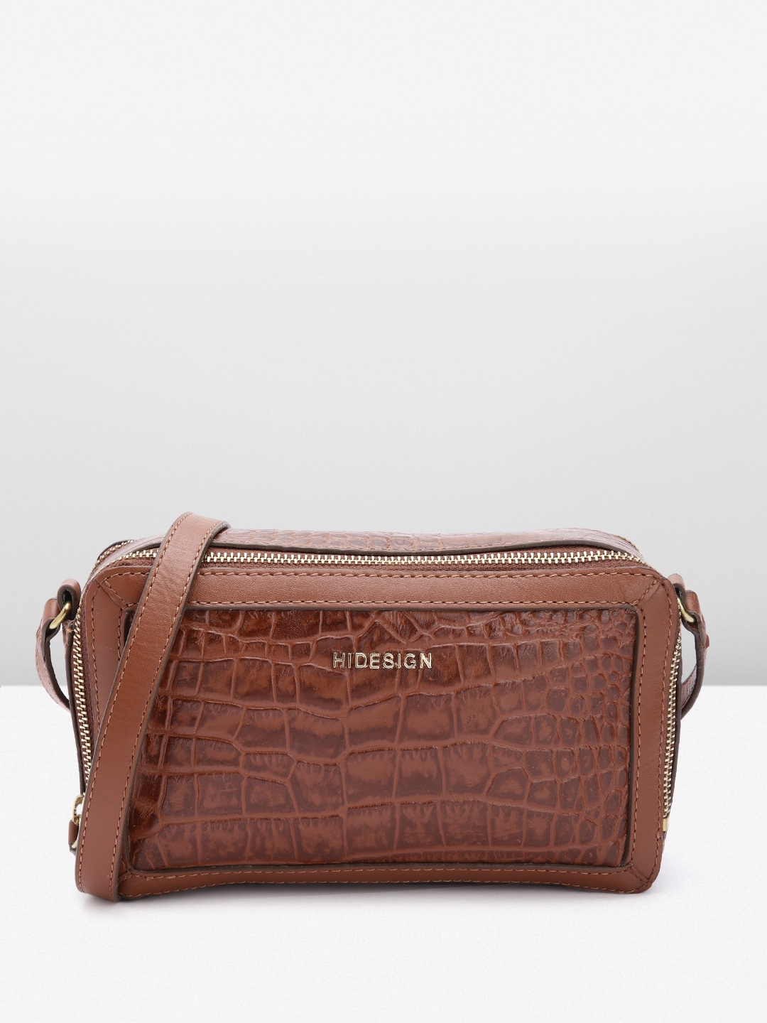 

Hidesign Croc Textured Leather Structured Sling Bag, Brown