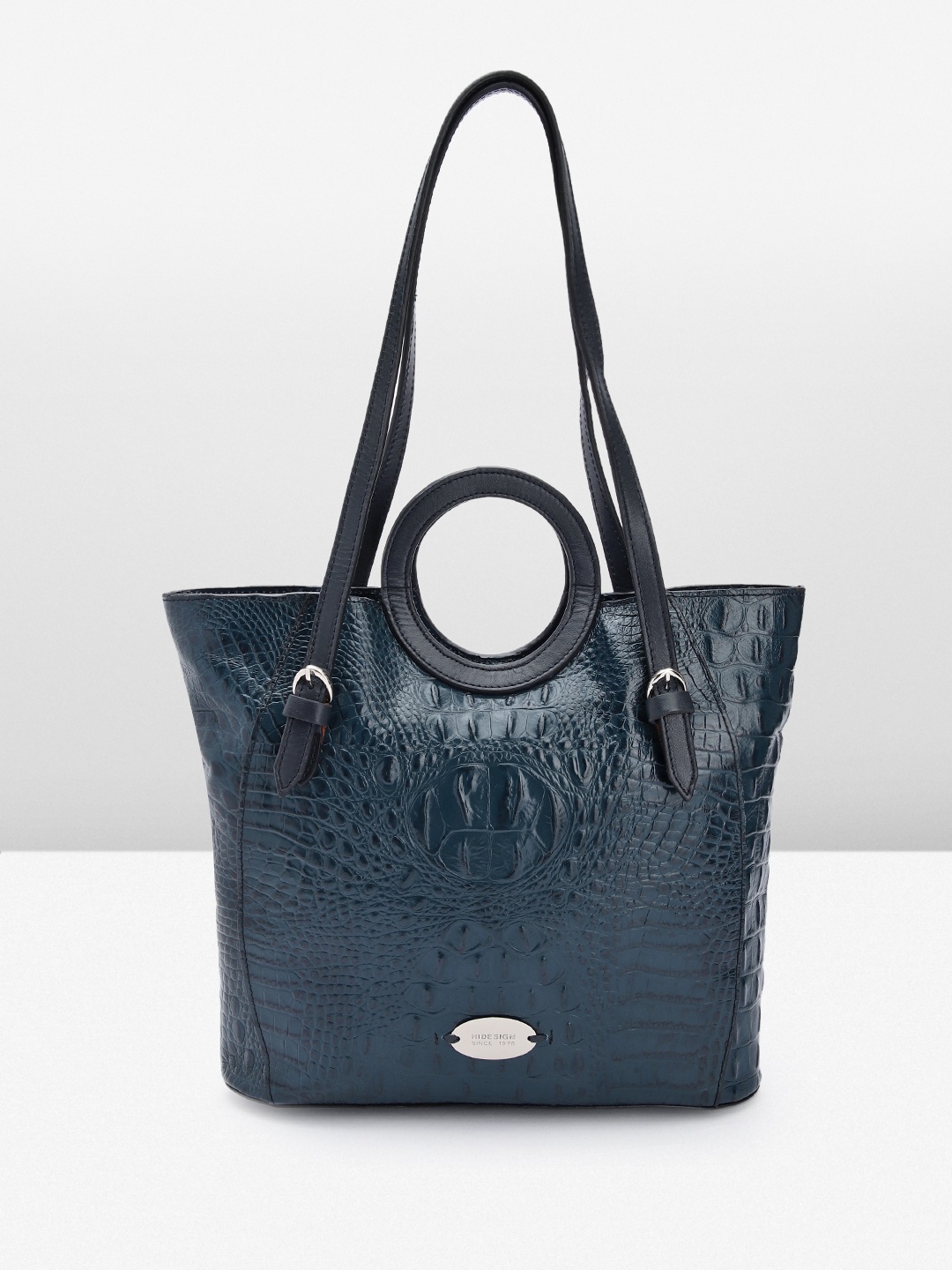 

Hidesign Croc Textured Leather Structured Shoulder Bag, Navy blue