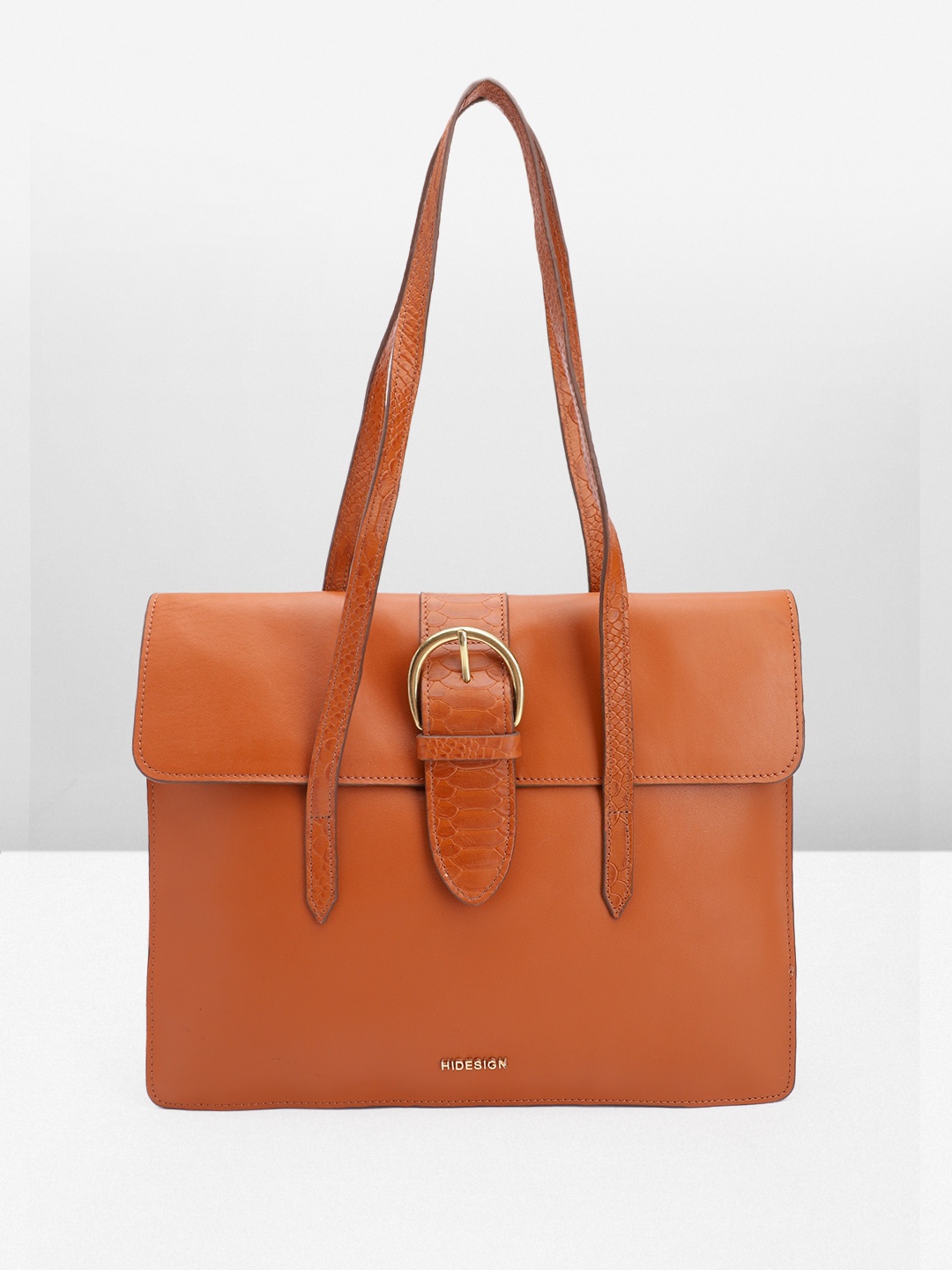 

Hidesign Leather Structured Shoulder Bag With Snake Skin Textured Detail, Tan