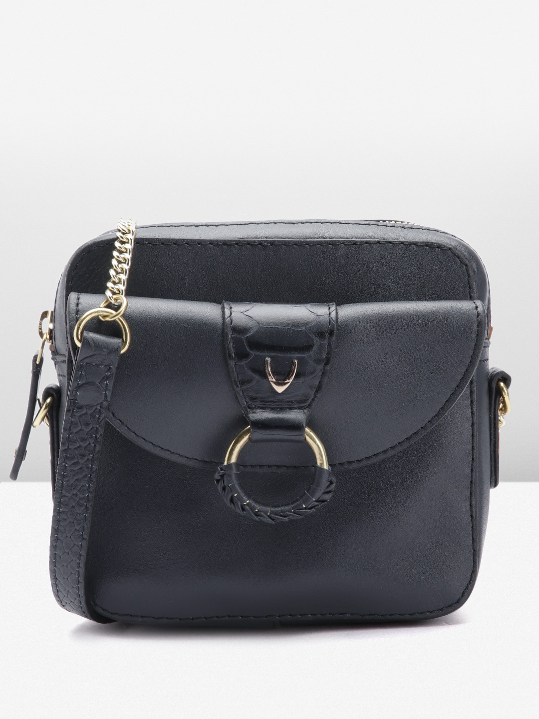 

Hidesign Leather Structured Sling Bag, Navy blue