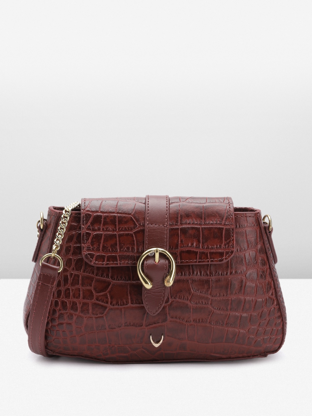 

Hidesign Croc Textured Leather Structured Sling Bag with Buckle Detail, Maroon