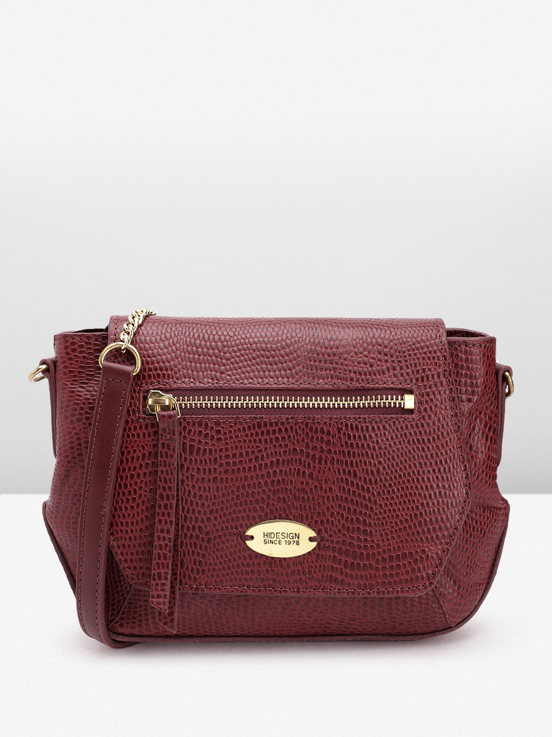

Hidesign Croc Textured Leather Structured Sling Bag, Maroon