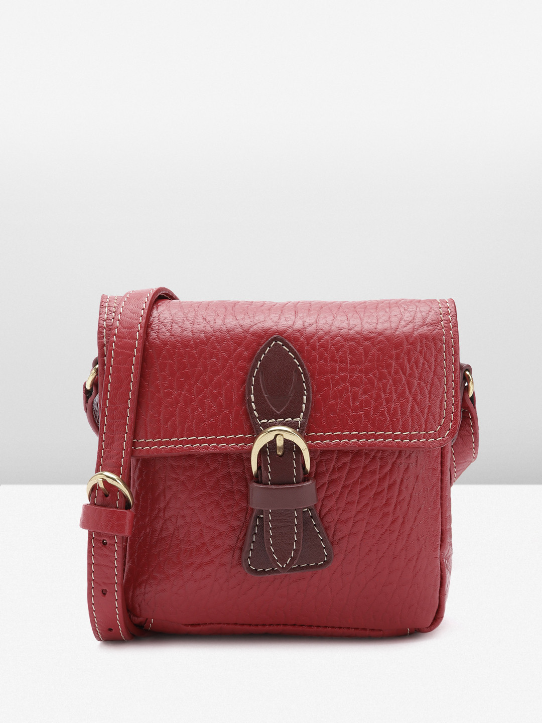 

Hidesign Textured Leather Structured Sling Bag with Buckle Detail, Red