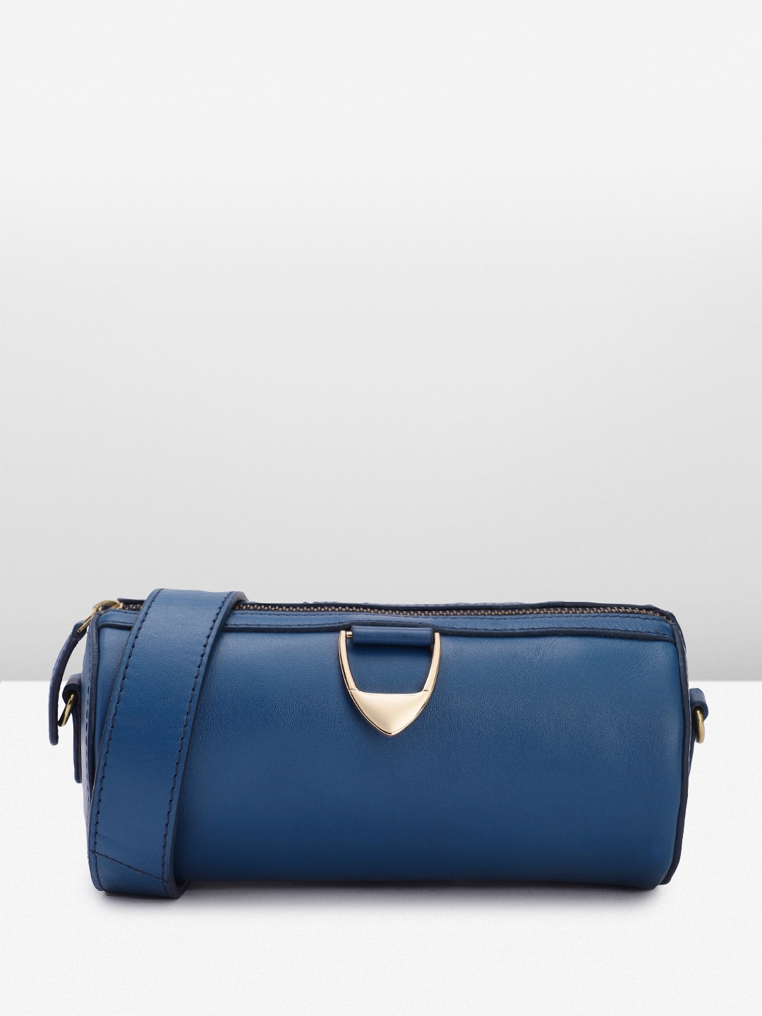 

Hidesign Solid Leather Bowling Sling Bag With Brand Logo Buckle Detail, Blue