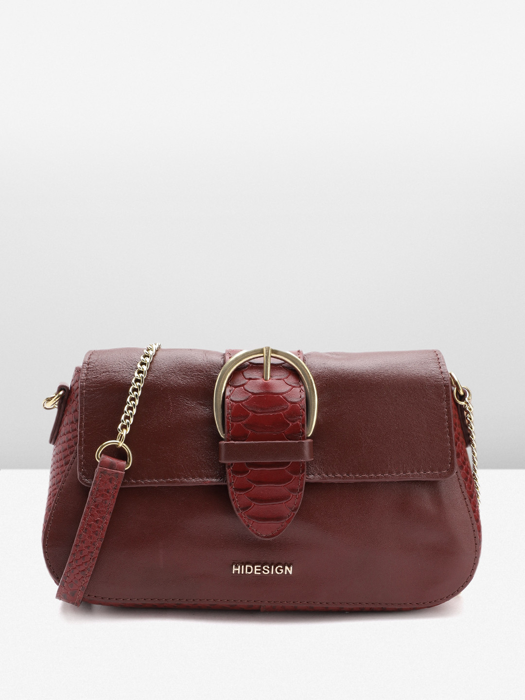 

Hidesign Leather Structured Sling Bag with Buckle Detail, Maroon