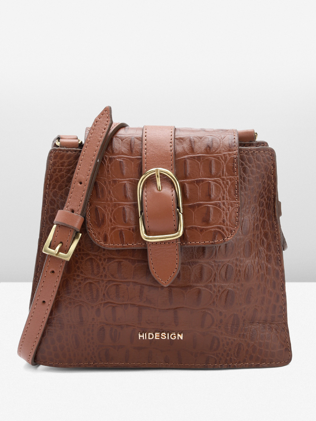 

Hidesign Croc-Textured Leather Structured Sling Bag, Brown