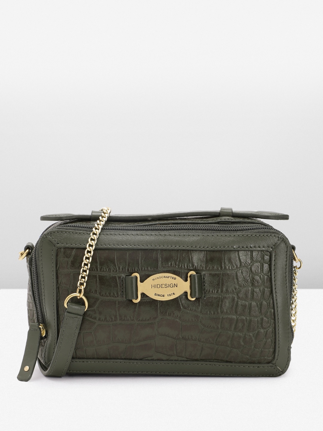 

Hidesign Crocodile Textured Leather Structured Handheld Bag With Brand Logo Buckle Detail, Green
