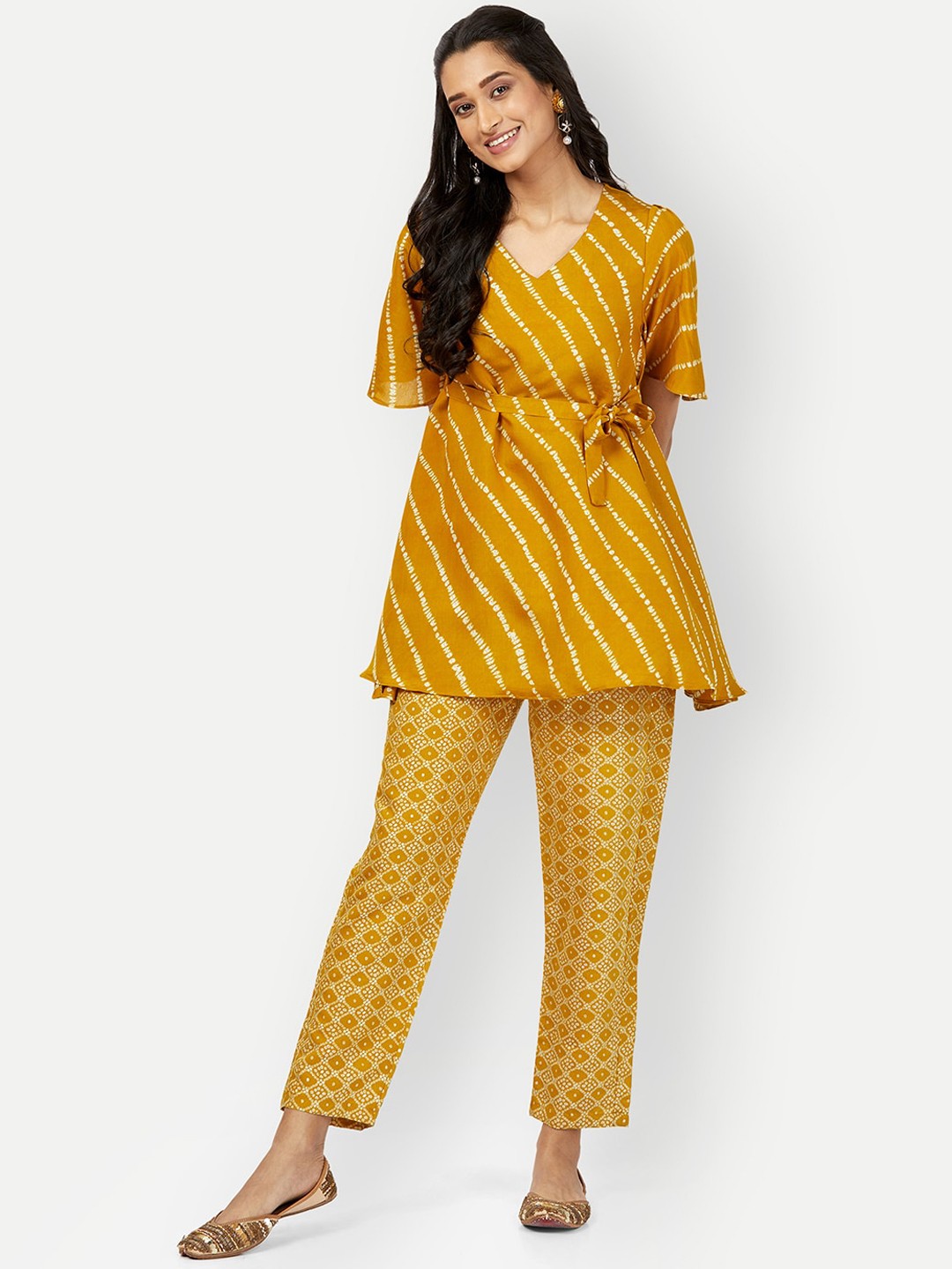 

DRESOUL Striped Printed V-Neck Tunic With Trousers, Mustard