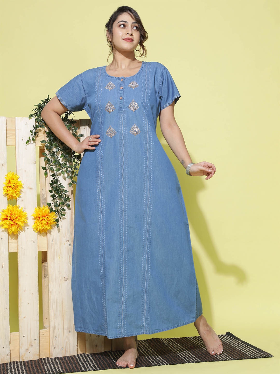 

9shines LabelEmbroidered Cotton Denim Maxi Nightdress, Blue