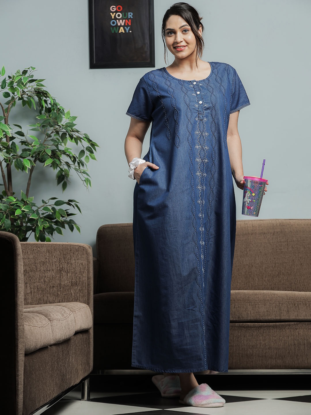 

9shines LabelEmbroidered Denim Cotton Maxi Nightdress, Navy blue