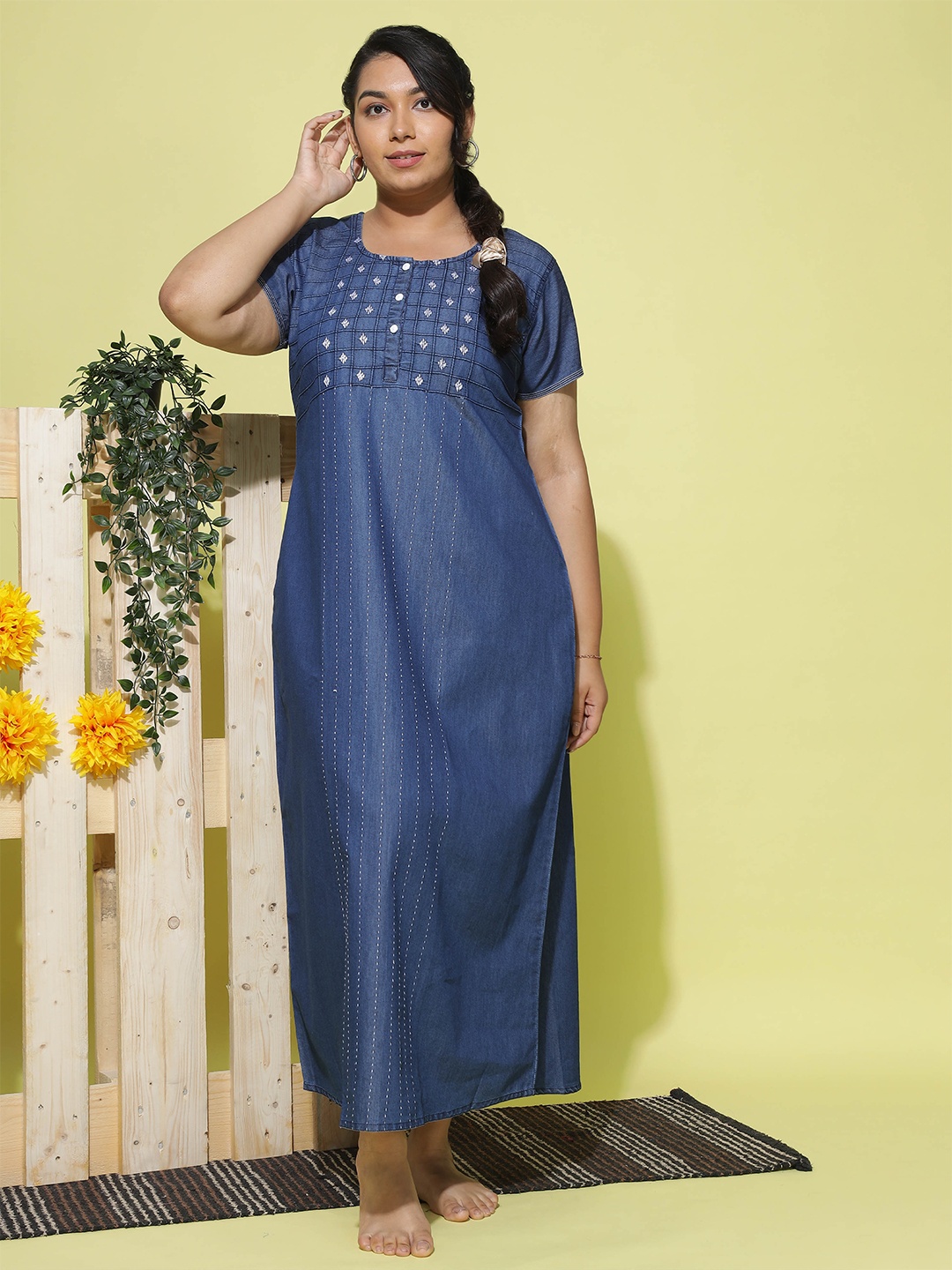 

9shines LabelEmbroidered Denim Cotton Maxi Nightdress, Navy blue