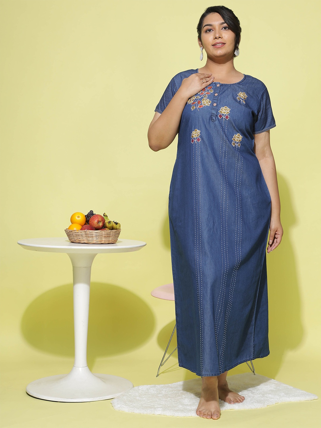 

9shines LabelFloral Embroidered Denim Cotton Maxi Nightdress, Navy blue