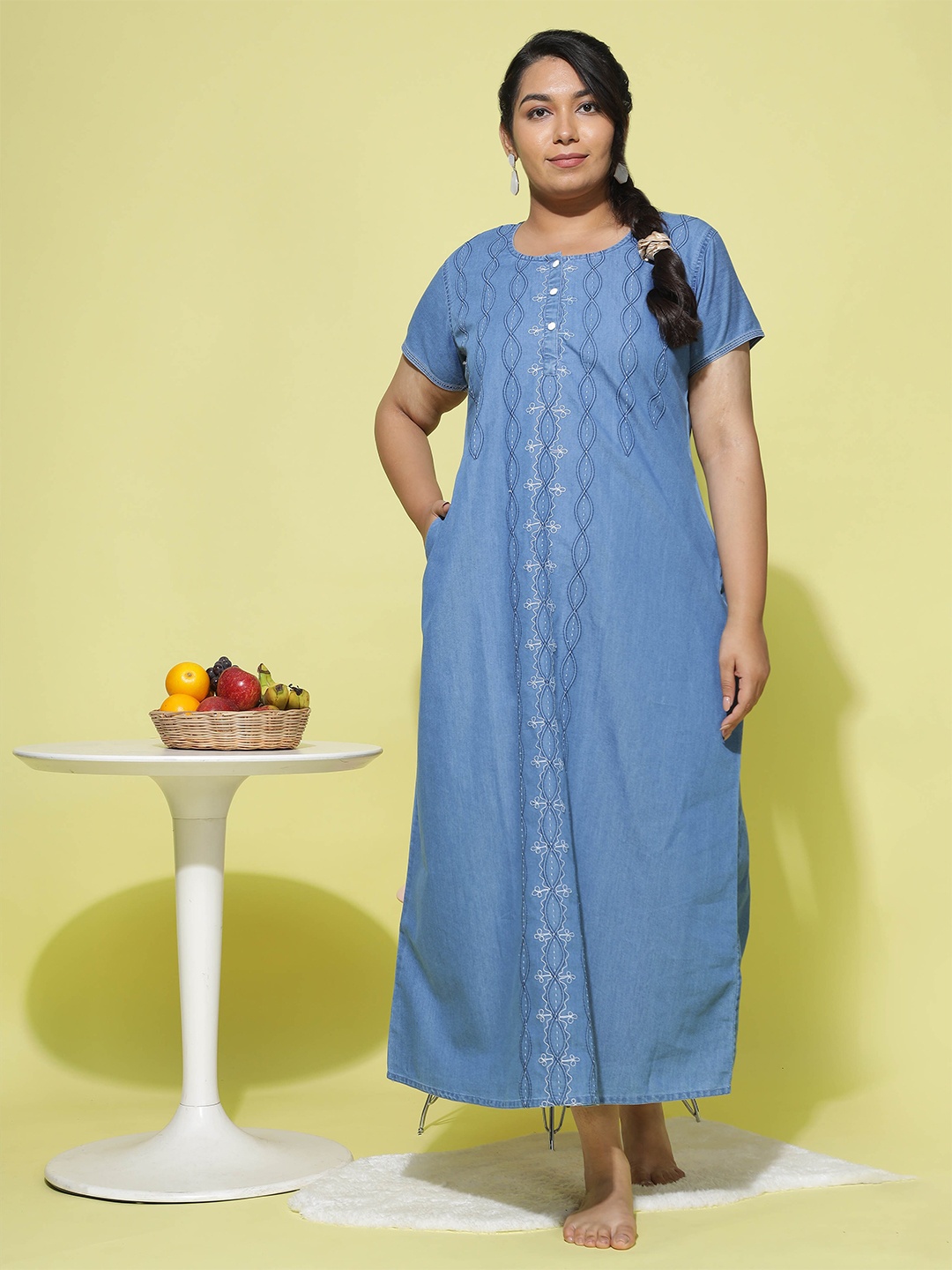 

9shines LabelGeometric Embroidered Cotton Denim Maxi Nightdress, Blue