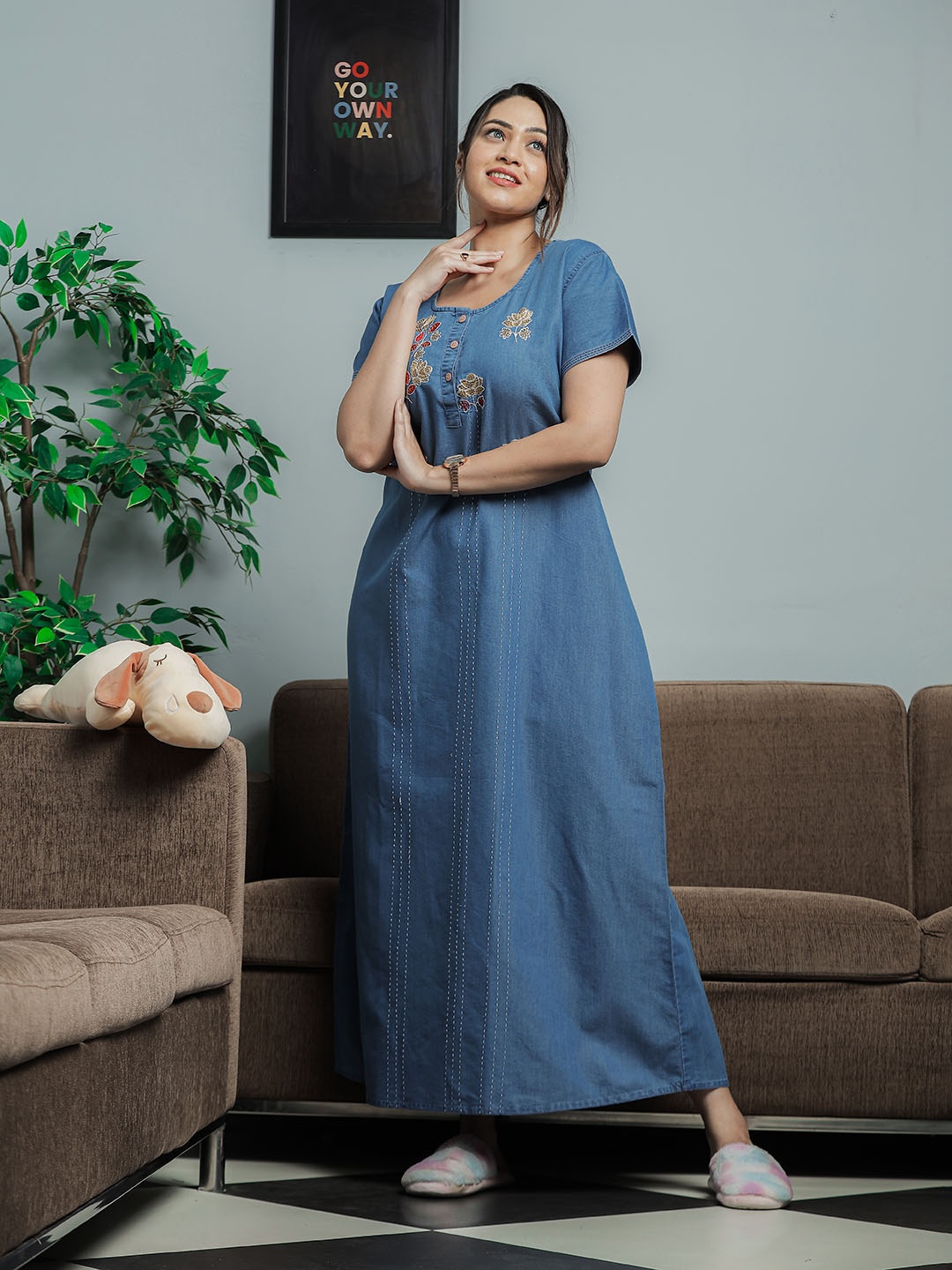 

9shines LabelFloral Embroidered Denim Cotton Maxi Nightdress, Blue