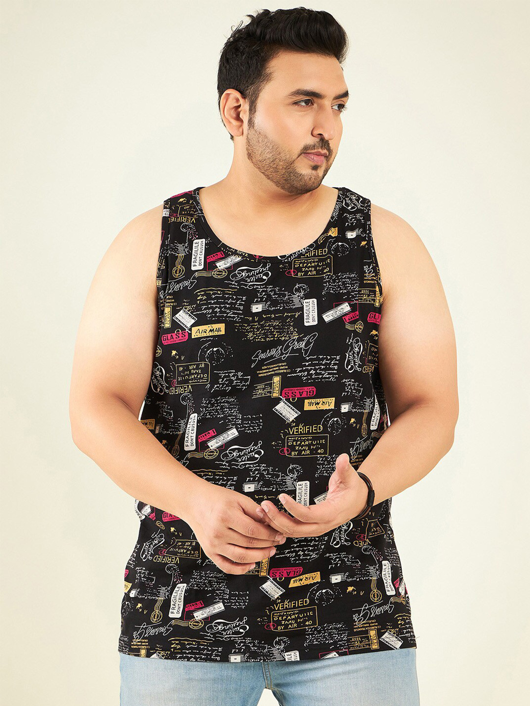 

Rodzen Plus Size Typography Printed Sleeveless Cotton T-shirt, Black