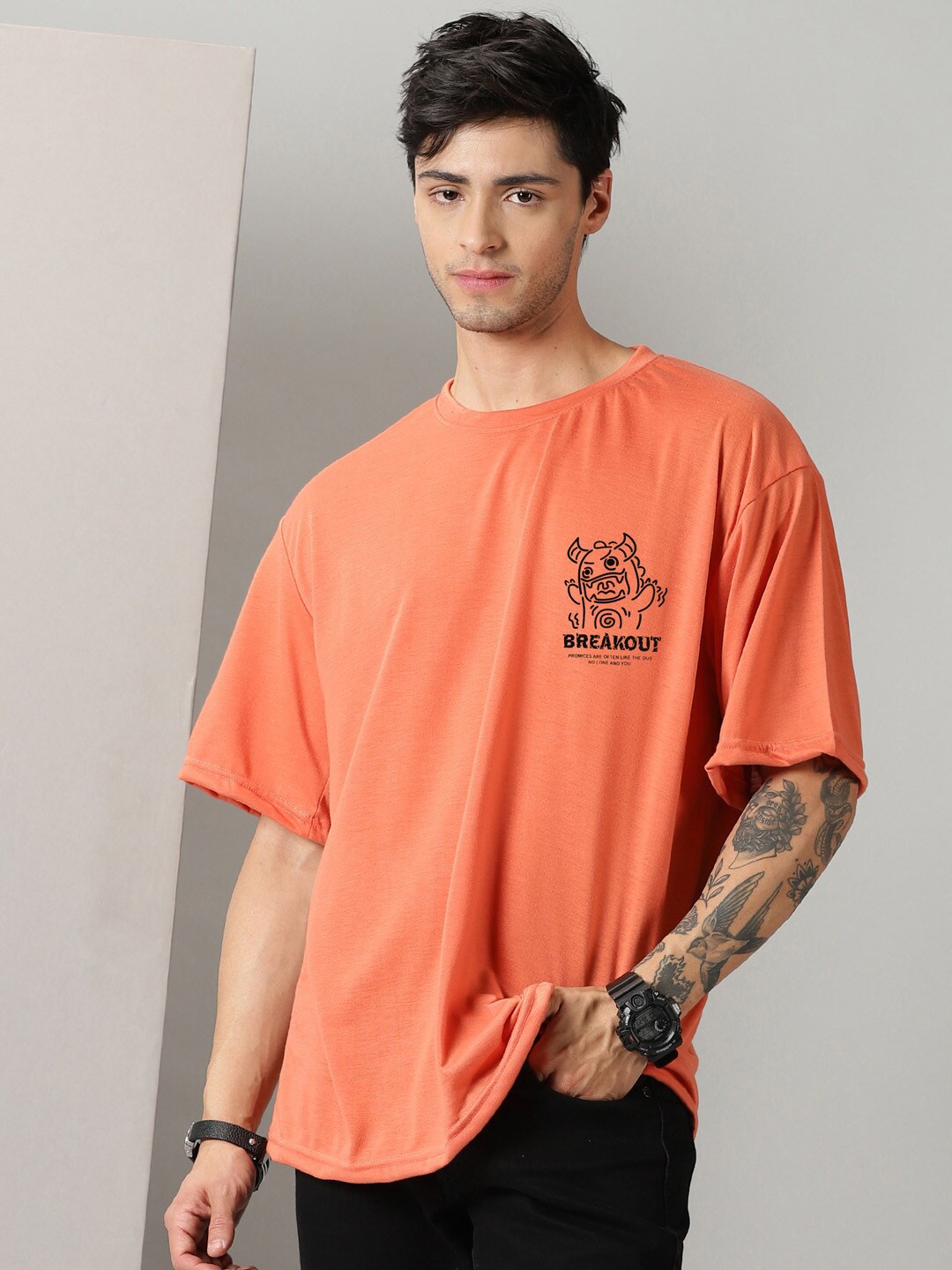 

Rodzen Typography Printed Cotton Oversized T-shirt, Peach